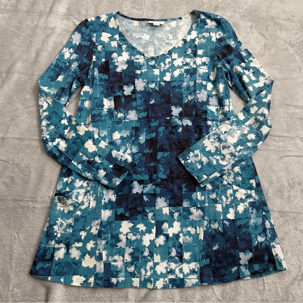 J.Jill Shirt XS PureJill Teal Pattern Cotton Modal Tunic Tee Pockets